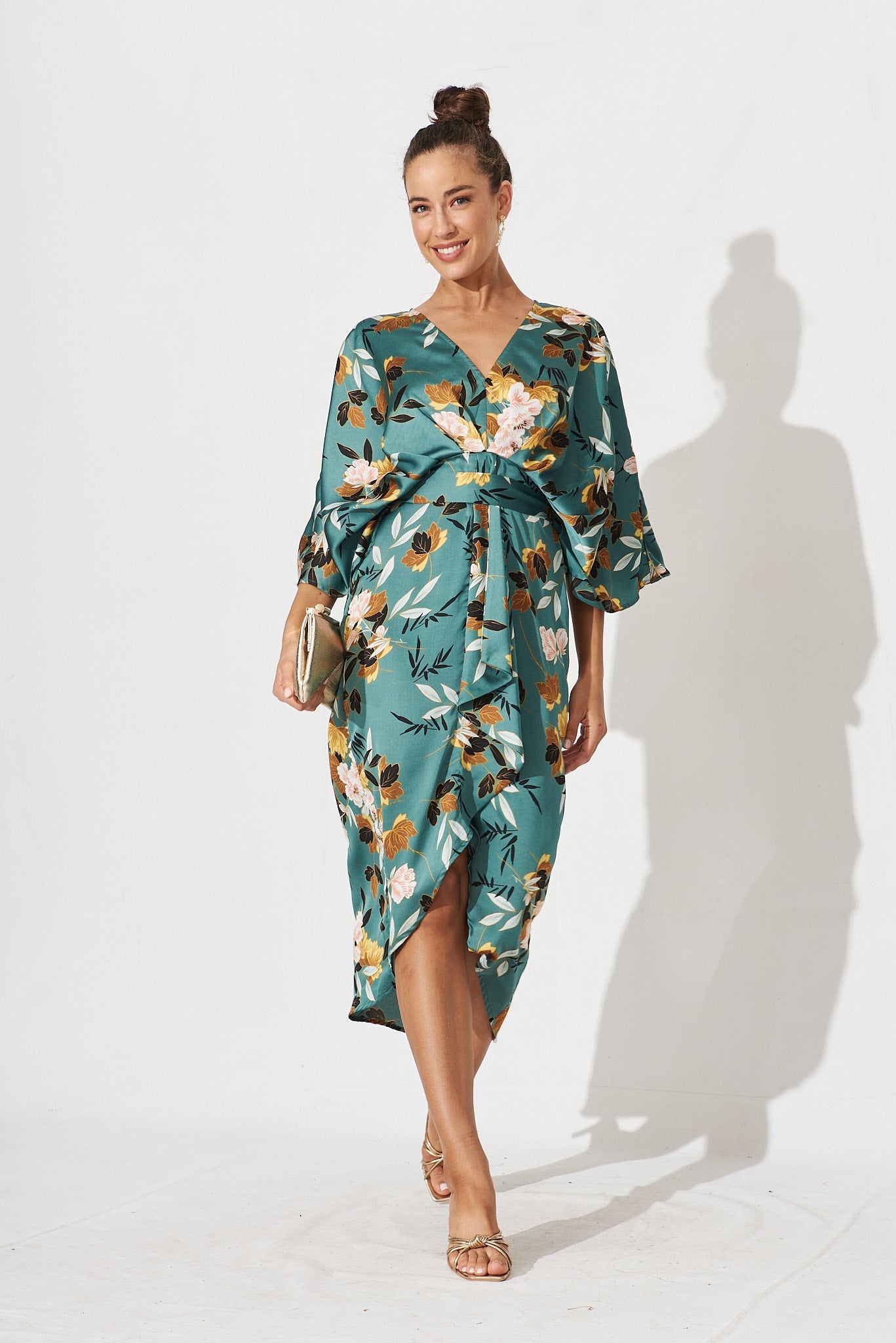 Joyful Midi Dress In In Green With Blush Floral Satin - full length