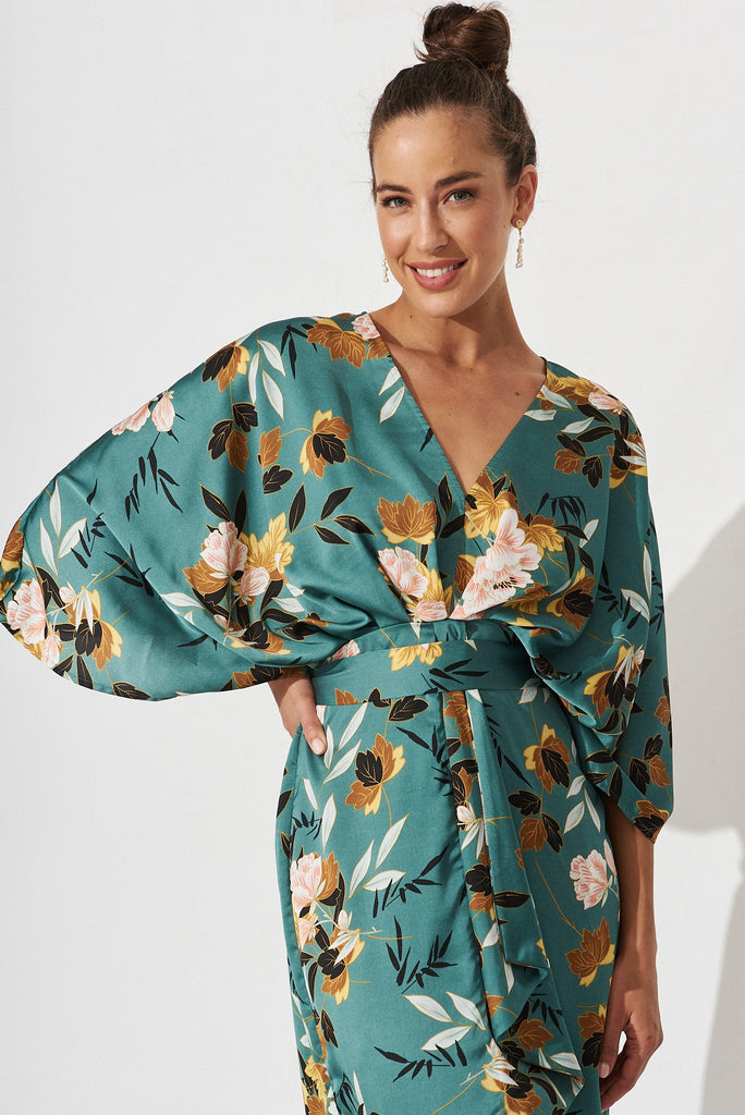Joyful Midi Dress In In Green With Blush Floral Satin - front