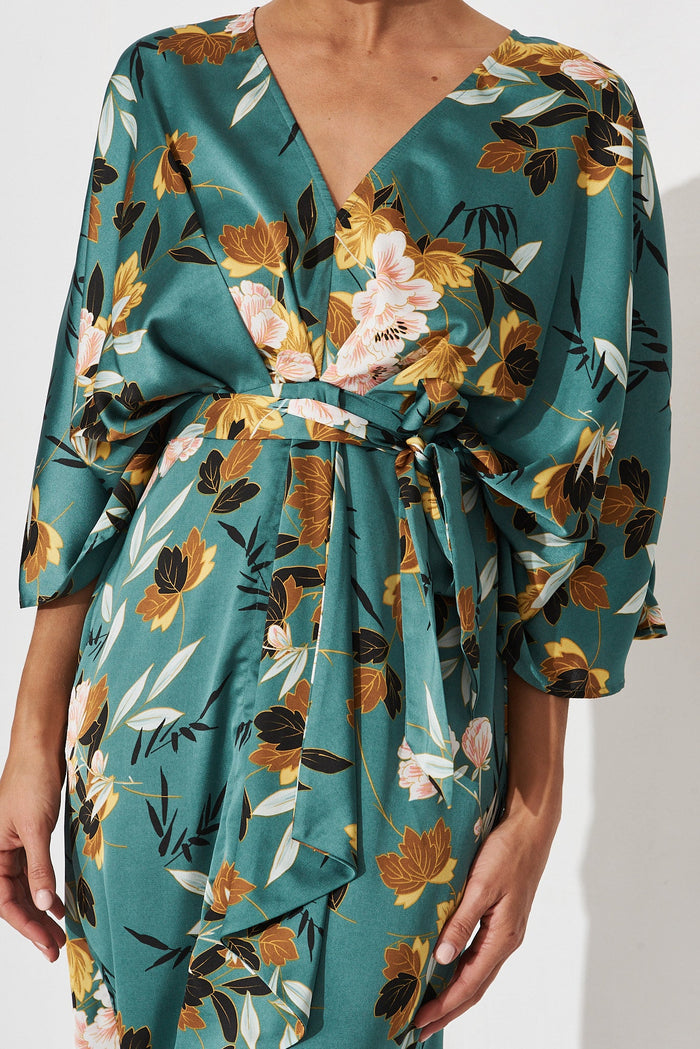 Joyful Midi Dress In In Green With Blush Floral Satin - detail