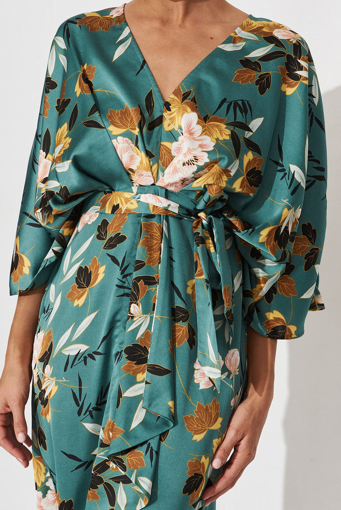 Joyful Midi Dress In In Green With Blush Floral Satin - detail