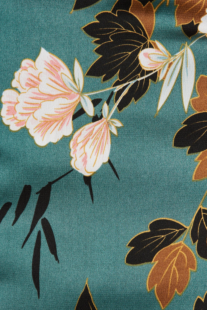 Joyful Midi Dress In In Green With Blush Floral Satin - fabric
