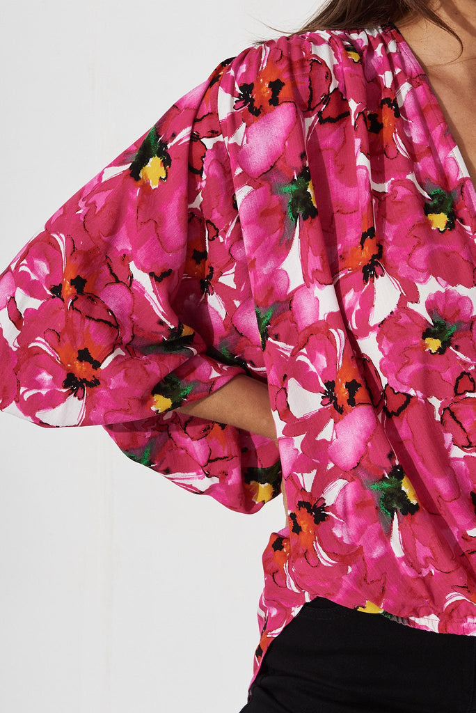 Solita Top In White With Fuchsia Floral - detail