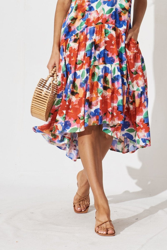 Calais Tiered Midi Dress In White With Multi Floral - St Frock (Dev)