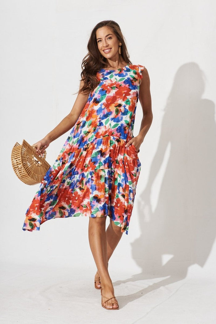 Calais Tiered Midi Dress In White With Multi Floral - St Frock (Dev)