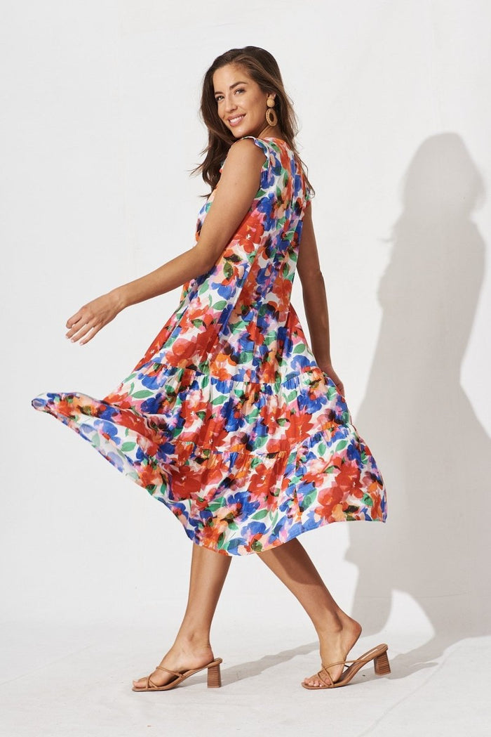 Calais Tiered Midi Dress In White With Multi Floral - St Frock (Dev)
