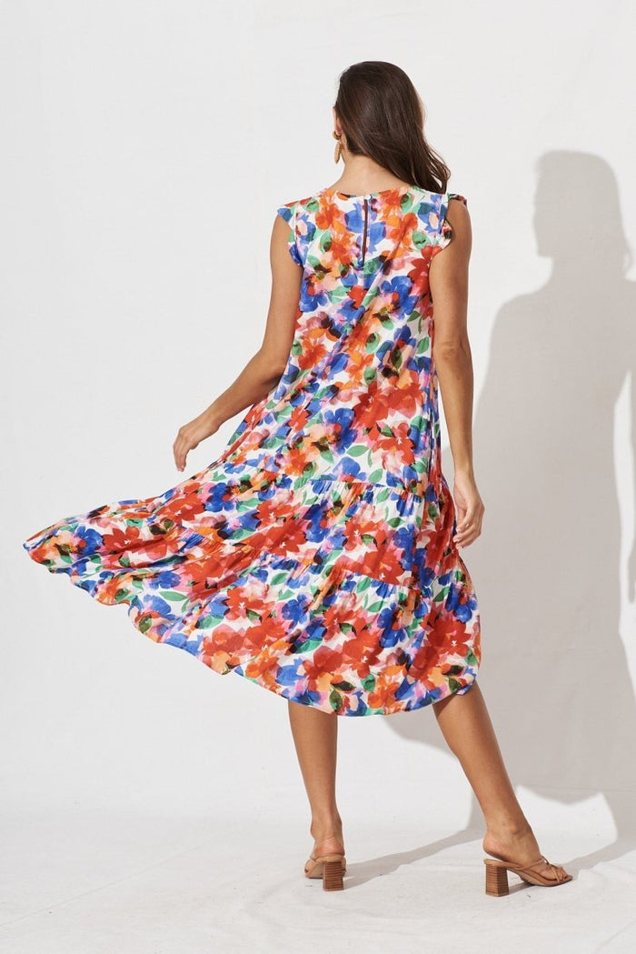 Calais Tiered Midi Dress In White With Multi Floral - St Frock (Dev)