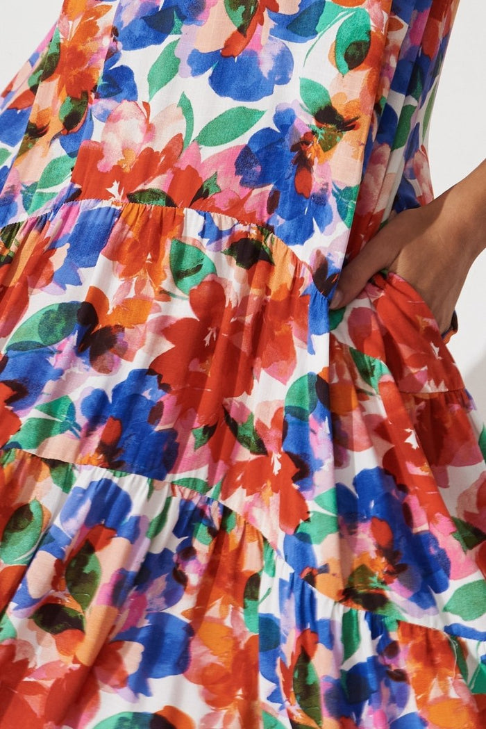 Calais Tiered Midi Dress In White With Multi Floral - St Frock (Dev)