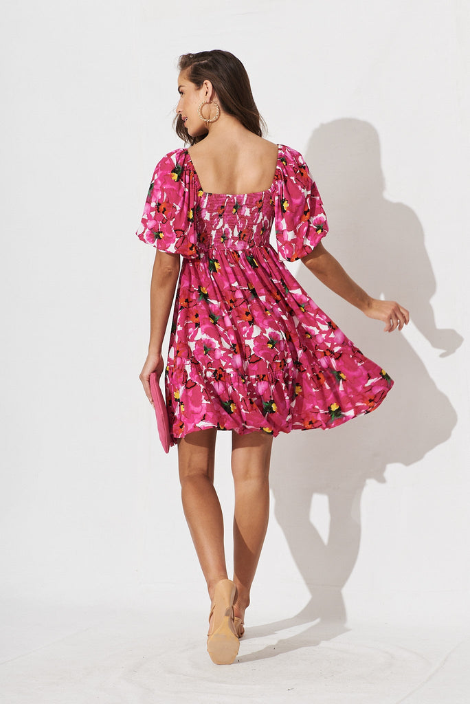Nessa Dress In White With Fuchsia Floral - back