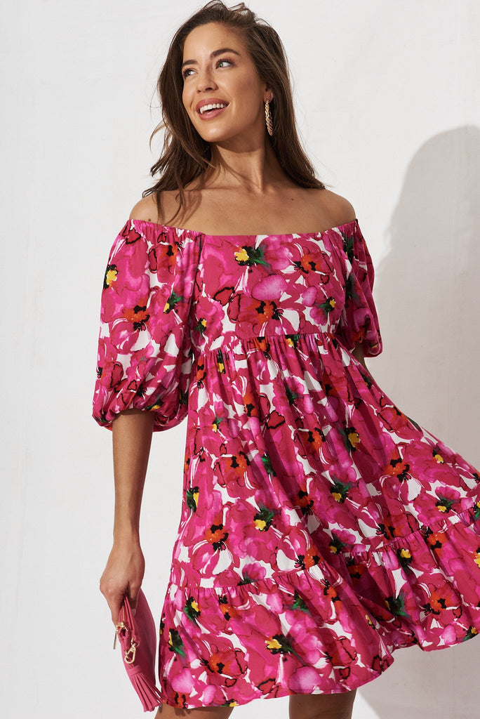 Nessa Dress In White With Fuchsia Floral - front