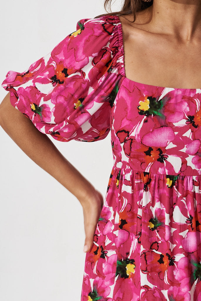 Nessa Dress In White With Fuchsia Floral - detail