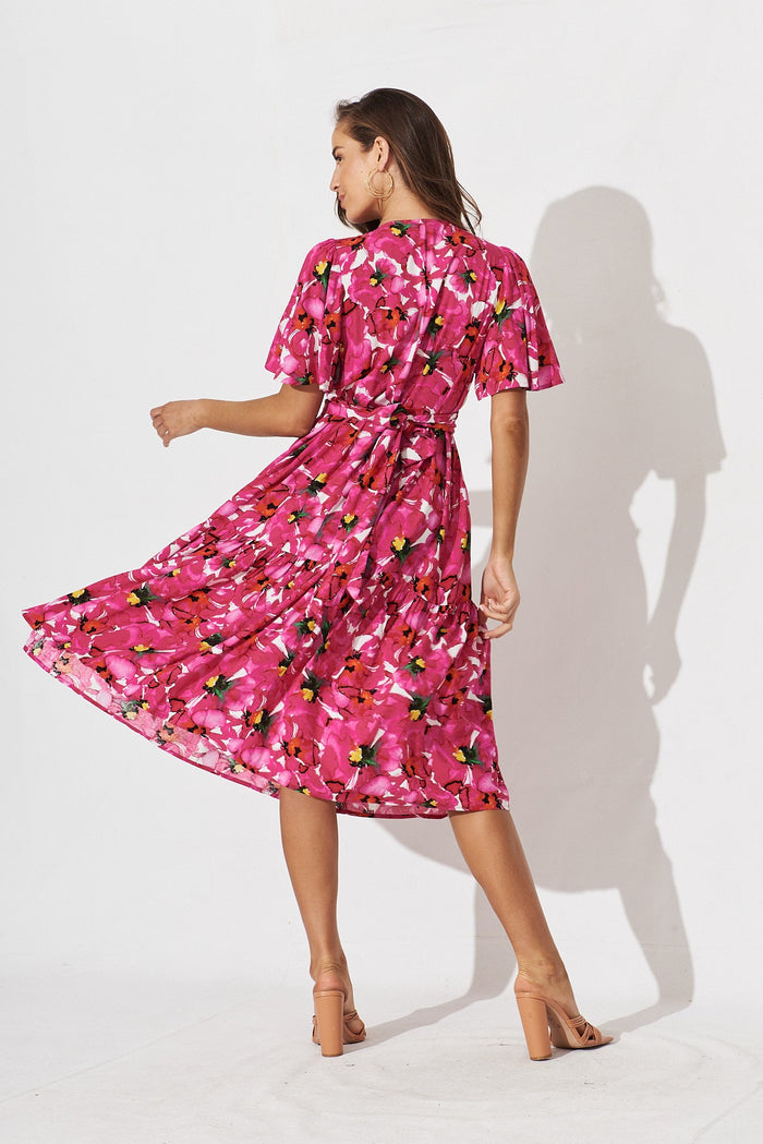Amilee Midi Dress In White With Fuchsia Floral - St Frock (Dev)