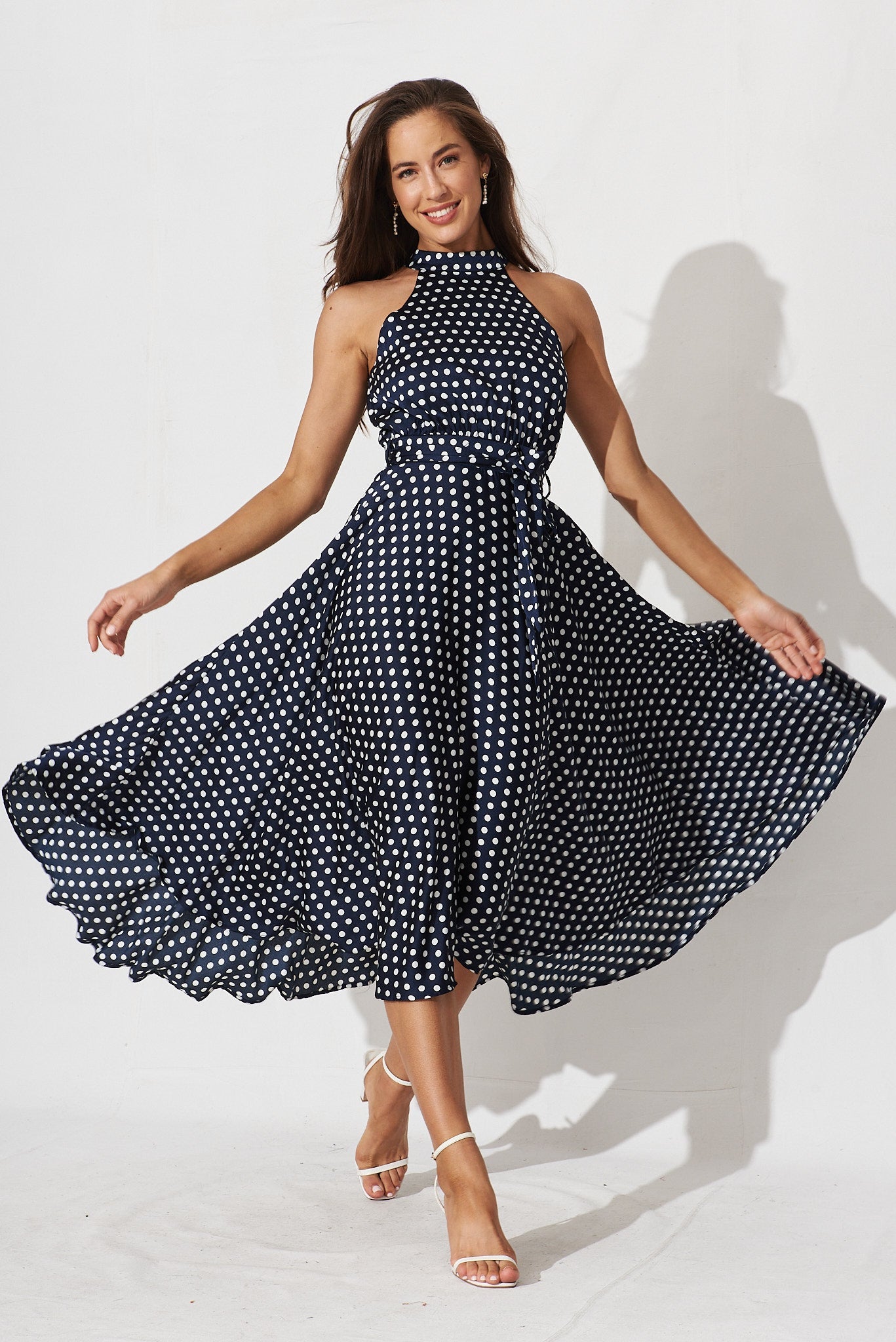 Nadia Midi Dress In Navy Spot Satin - full length