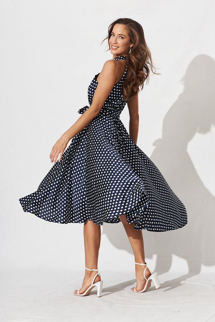 Nadia Midi Dress In Navy Spot Satin - side