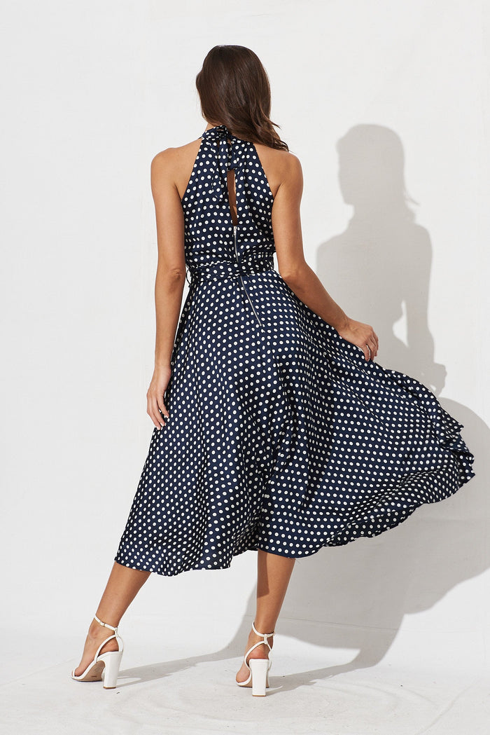 Nadia Midi Dress In Navy Spot Satin - back