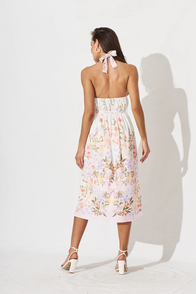 Amaria Midi Halter Dress In White Floral Linen Blend - back
