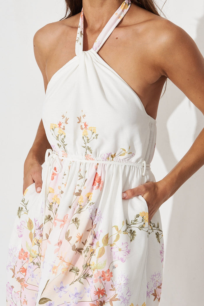 Amaria Midi Halter Dress In White Floral Linen Blend - detail