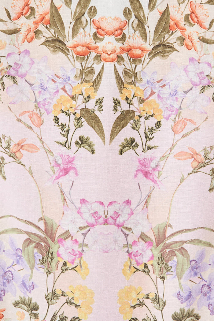Amaria Midi Halter Dress In White Floral Linen Blend - fabric