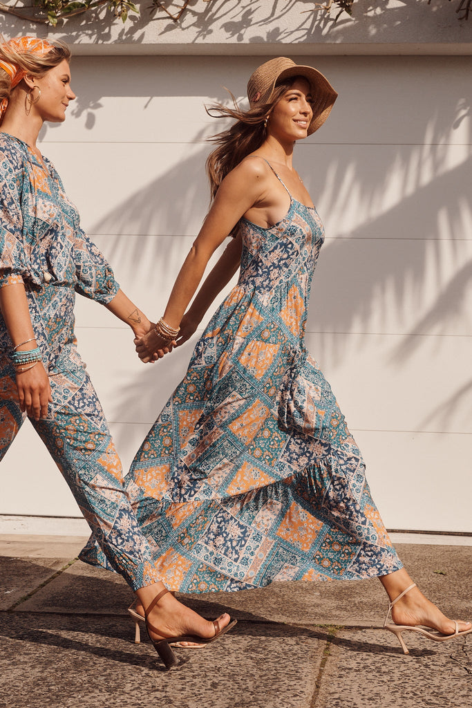 Adelita Maxi Dress In Navy And Blue Tile Print - St Frock (Dev)