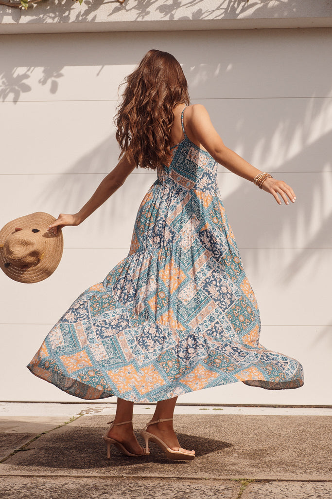Adelita Maxi Dress In Navy And Blue Tile Print - St Frock (Dev)