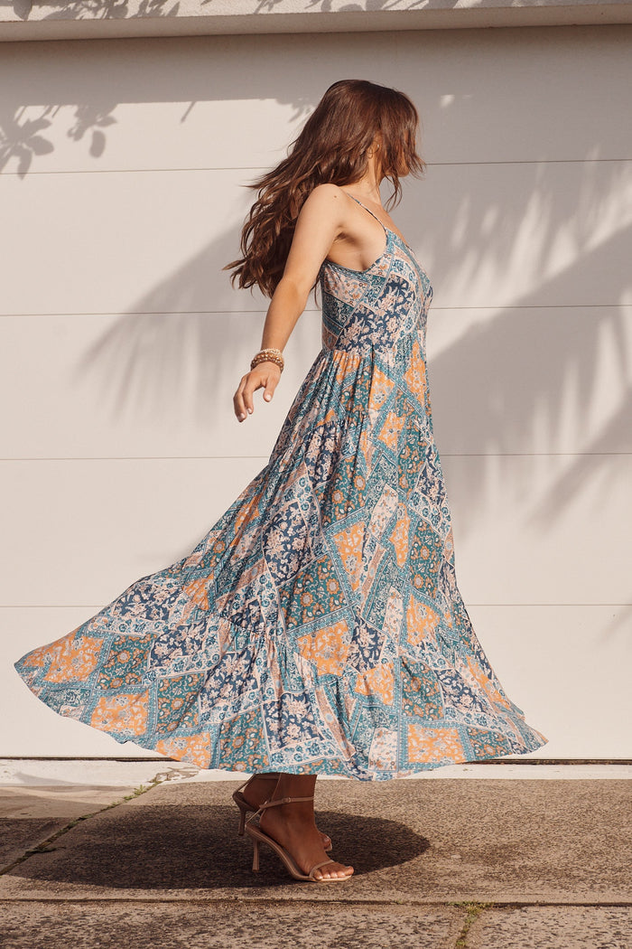 Adelita Maxi Dress In Navy And Blue Tile Print - St Frock (Dev)