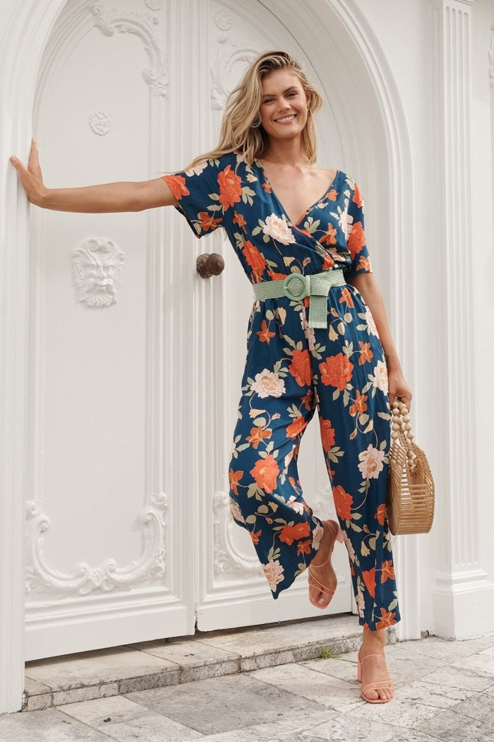 Calliope Midi Jumpsuit In Navy And Pink Floral - St Frock (Dev)