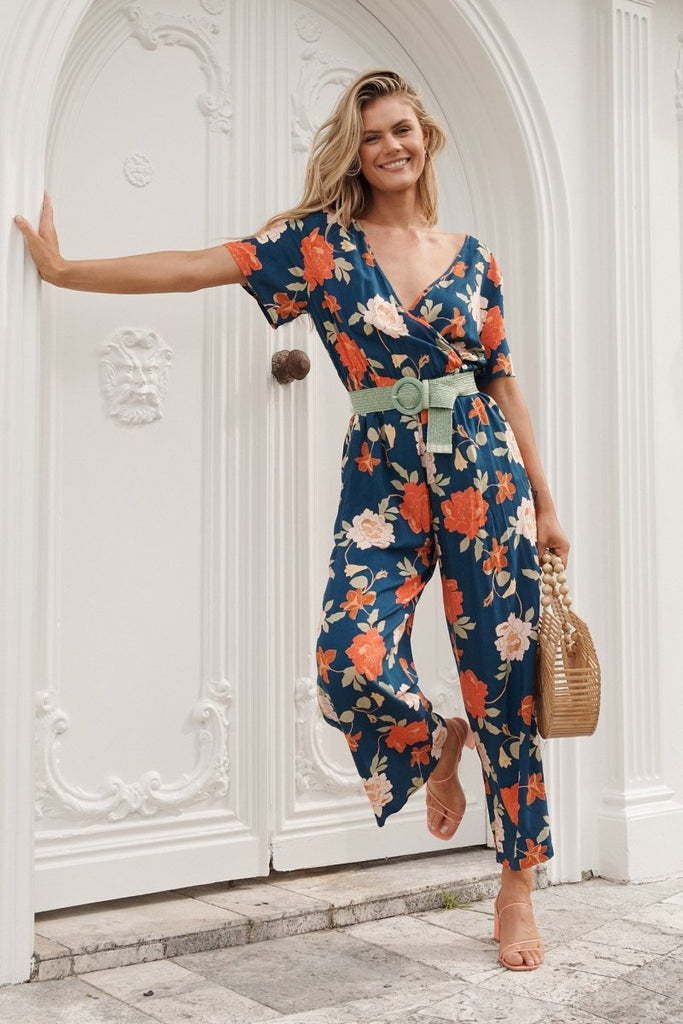 Calliope Midi Jumpsuit In Navy And Pink Floral - St Frock (Dev)