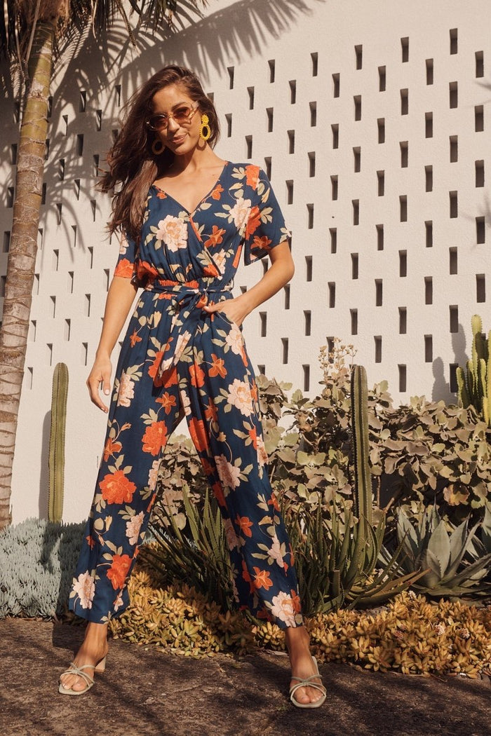 Calliope Midi Jumpsuit In Navy And Pink Floral - St Frock (Dev)