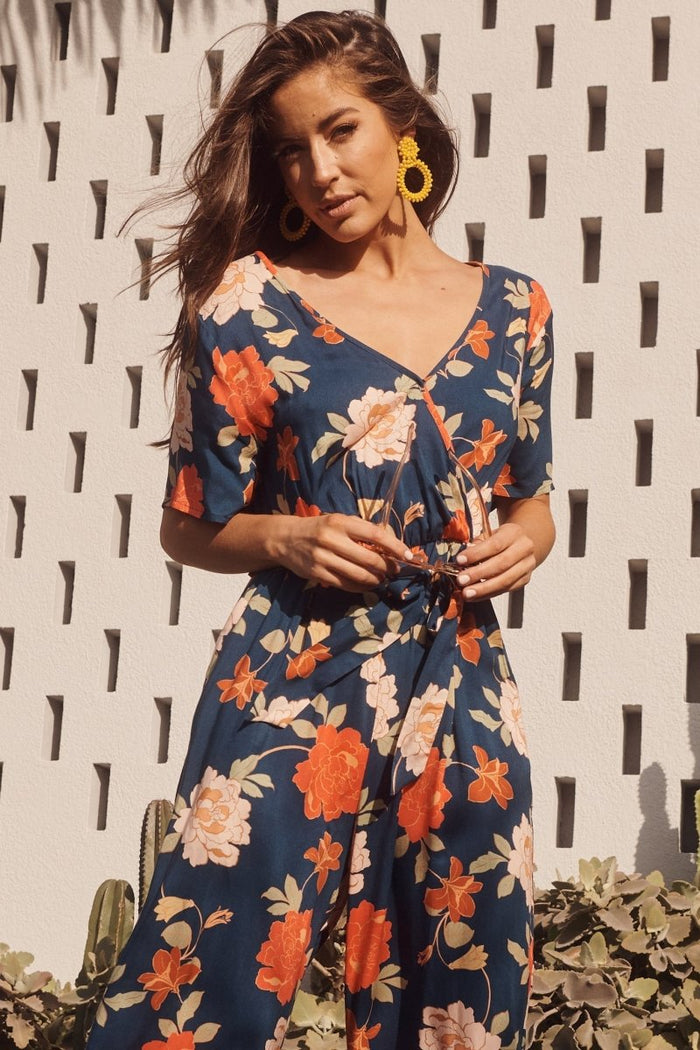 Calliope Midi Jumpsuit In Navy And Pink Floral - St Frock (Dev)