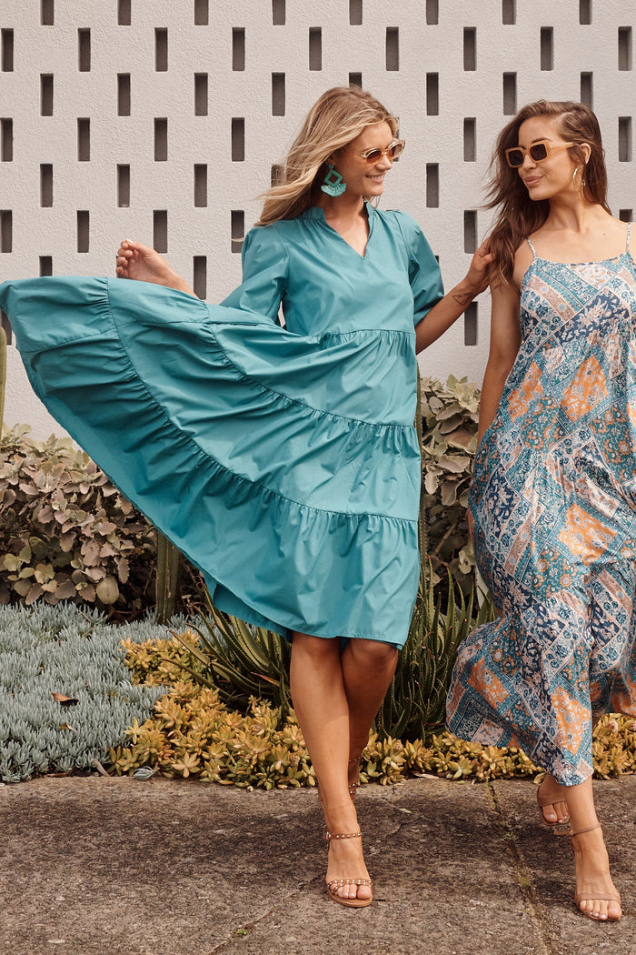 Kehlana Tiered Midi Dress In Teal Poplin