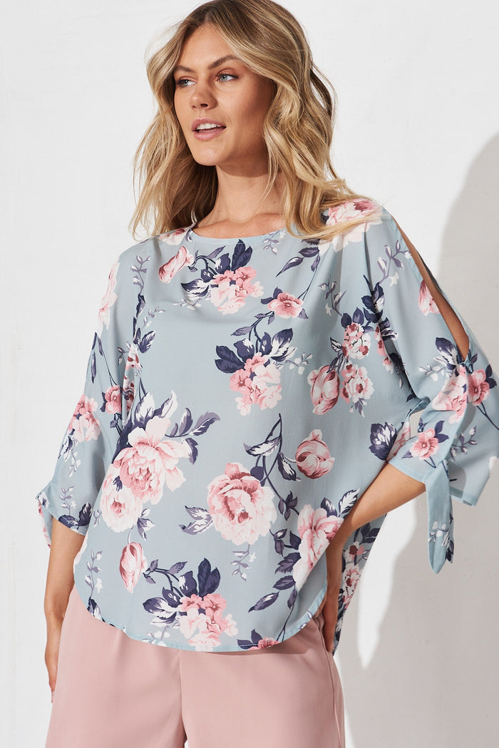 Windbreaker Top In Blue With Pink Floral