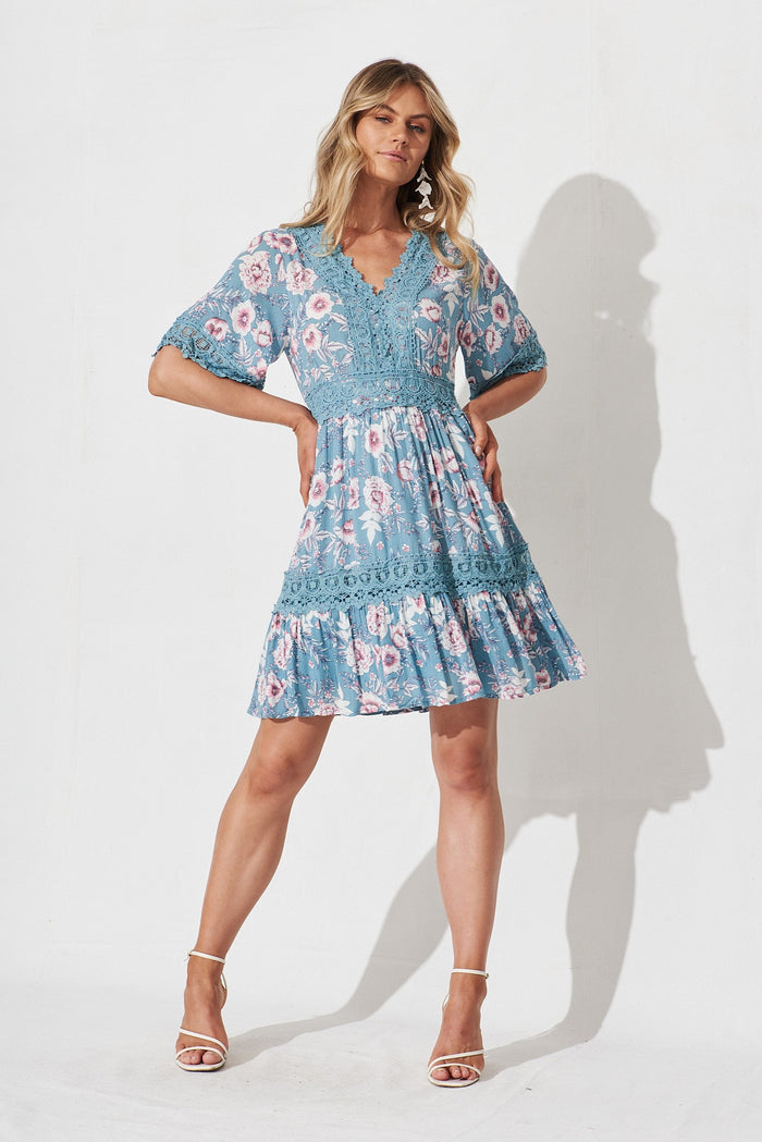 Macca Dress In Blue Floral - full length