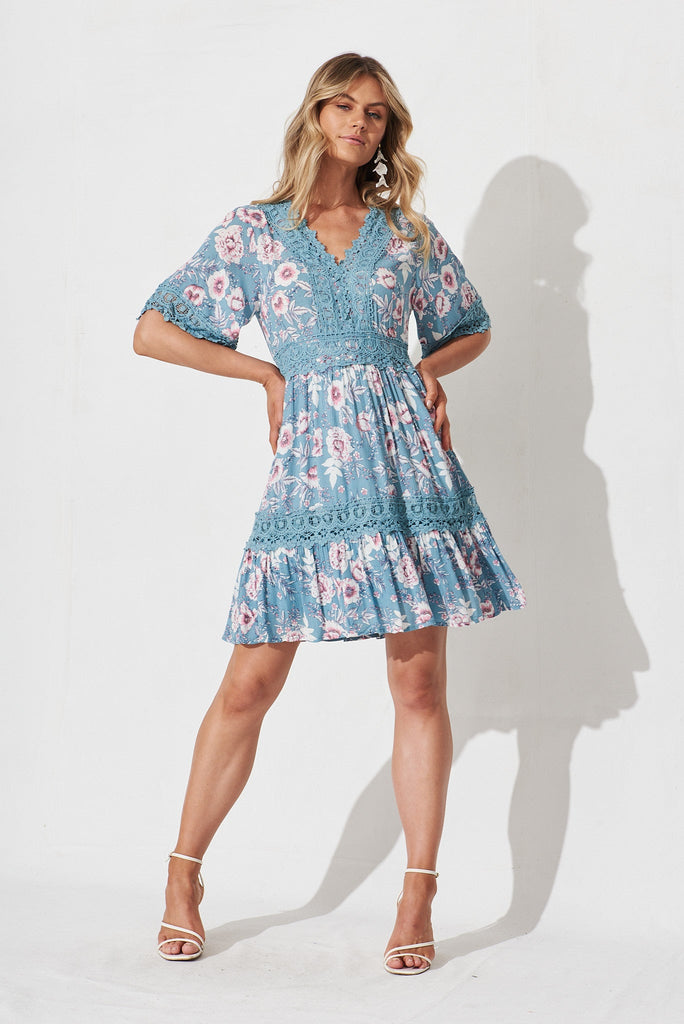 Macca Dress In Blue Floral - full length
