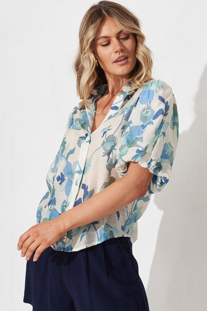 Aeryn Shirt In White With Blue Floral - front
