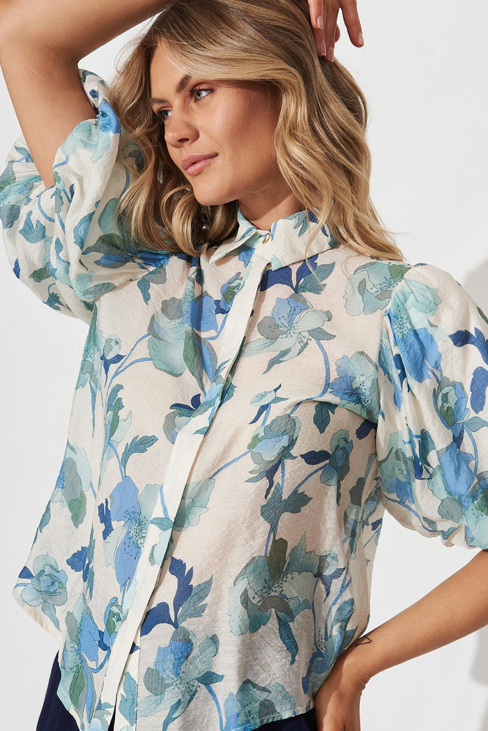 Aeryn Shirt In White With Blue Floral - detail