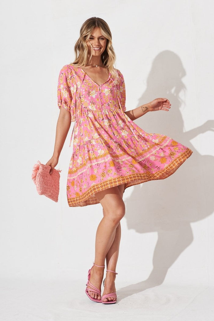 Britta Smock Dress In Pink Boho Floral - St Frock (Dev)