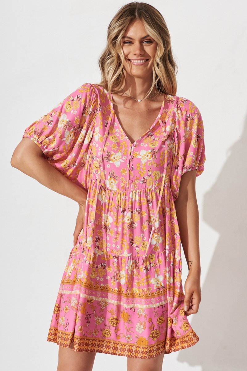 Britta Smock Dress In Pink Boho Floral - St Frock (Dev)