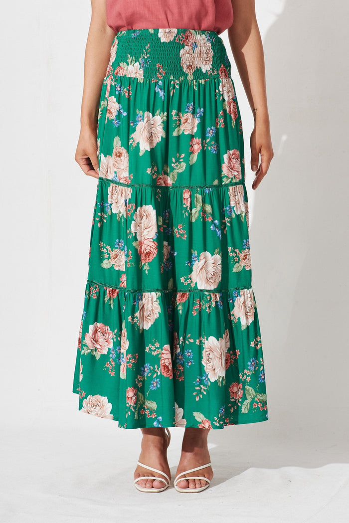 Ocean Breeze Maxi Skirt In Emerald With Blush Floral - front