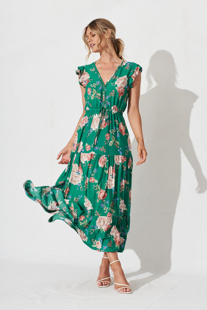 Mellania Maxi Dress In Emerald With Blush Floral - full length