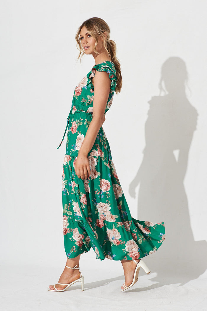Mellania Maxi Dress In Emerald With Blush Floral - side