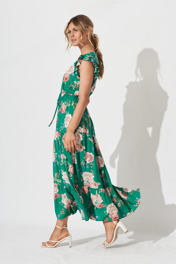Mellania Maxi Dress In Emerald With Blush Floral - side