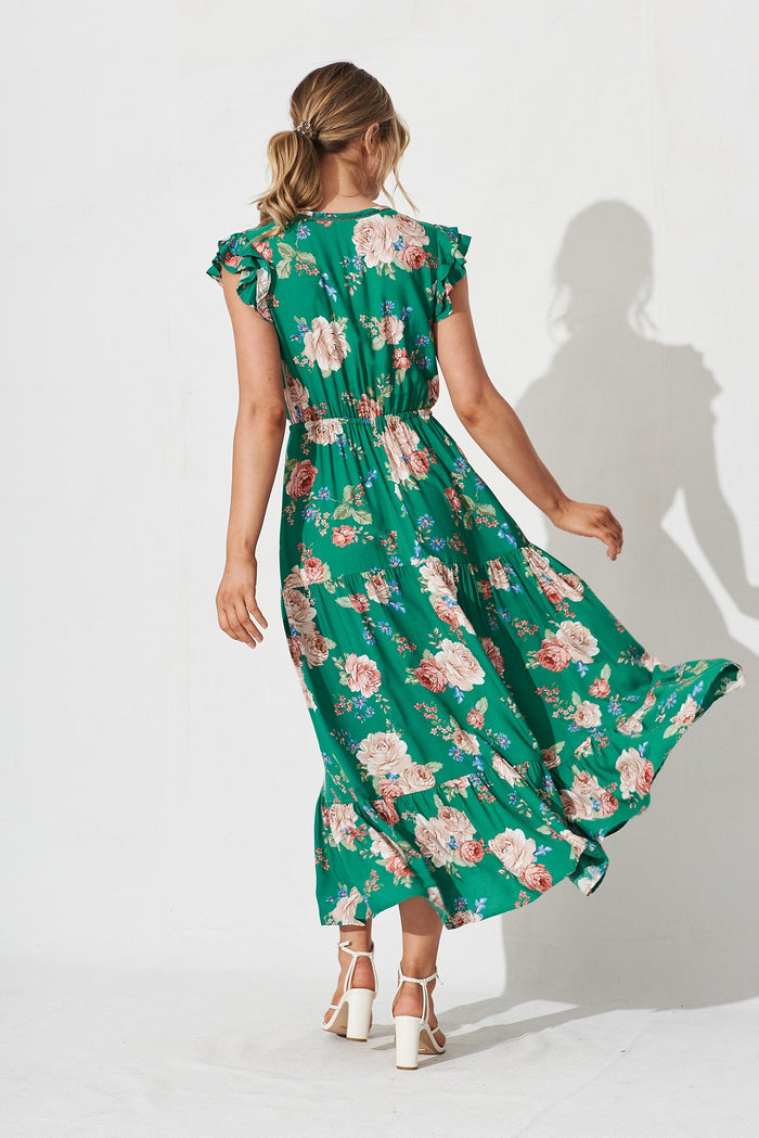 Mellania Maxi Dress In Emerald With Blush Floral - back