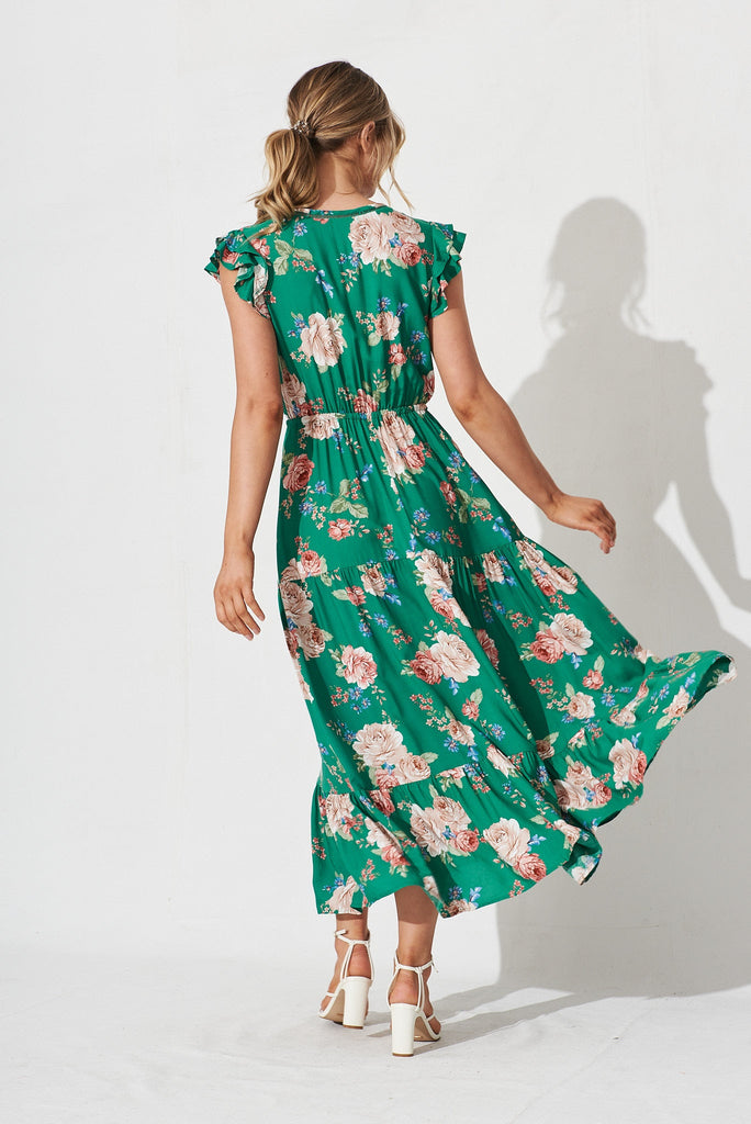 Mellania Maxi Dress In Emerald With Blush Floral - back