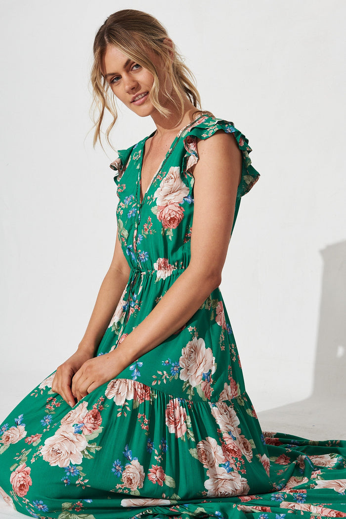 Mellania Maxi Dress In Emerald With Blush Floral - detail