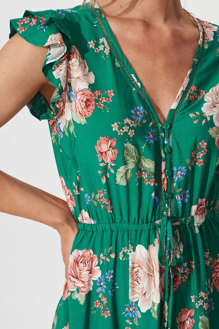 Mellania Maxi Dress In Emerald With Blush Floral - detail