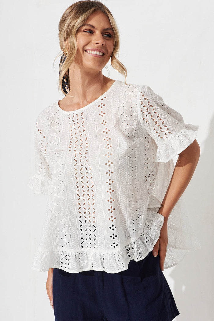 Lennon Top In White Lace Cotton - front