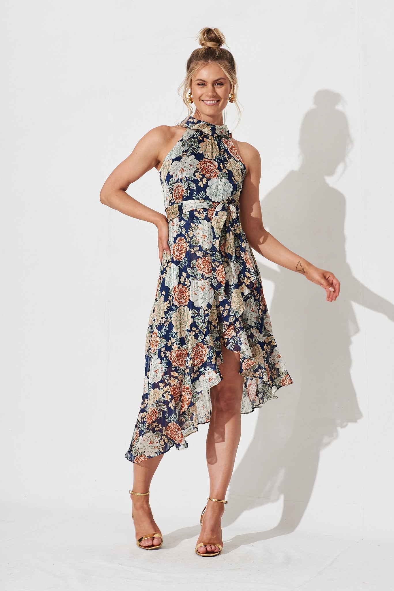 Zarba Halter Midi Dress In Navy With Beige Floral Chiffon - full length