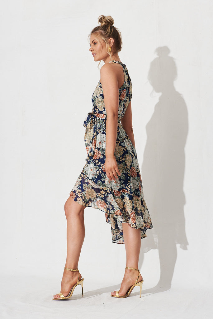 Zarba Halter Midi Dress In Navy With Beige Floral Chiffon - side