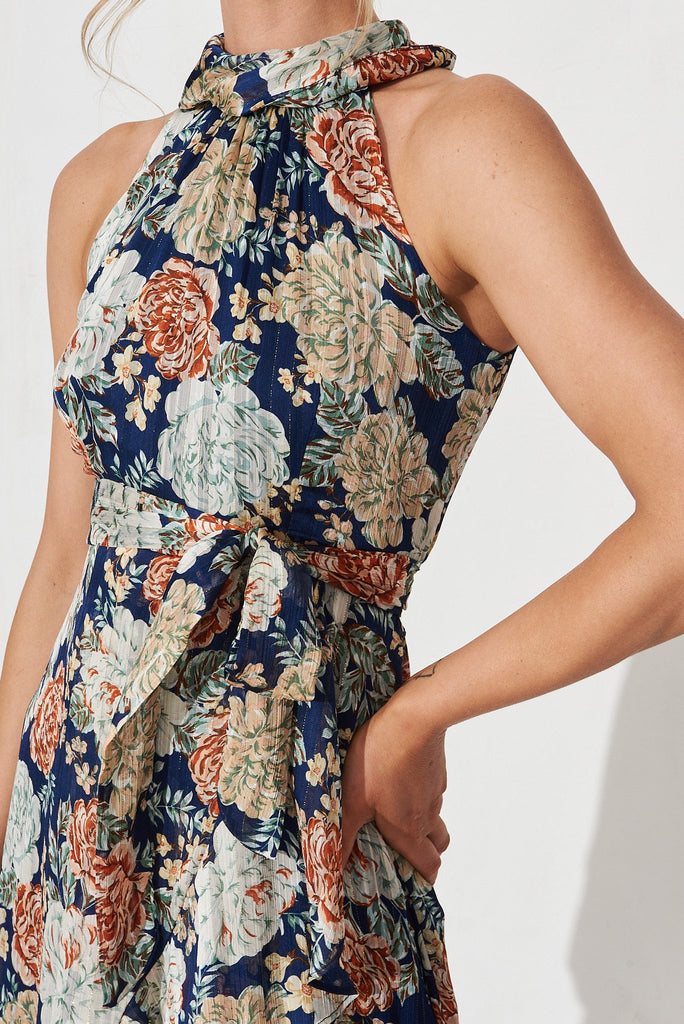 Zarba Halter Midi Dress In Navy With Beige Floral Chiffon - detail