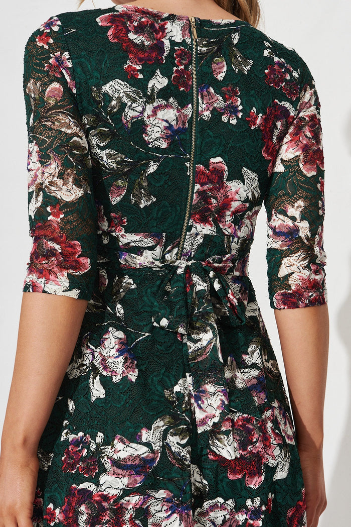 Finetti Lace Dress In Emerald With Multi Floral - back