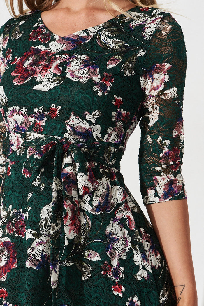 Finetti Lace Dress In Emerald With Multi Floral - detail